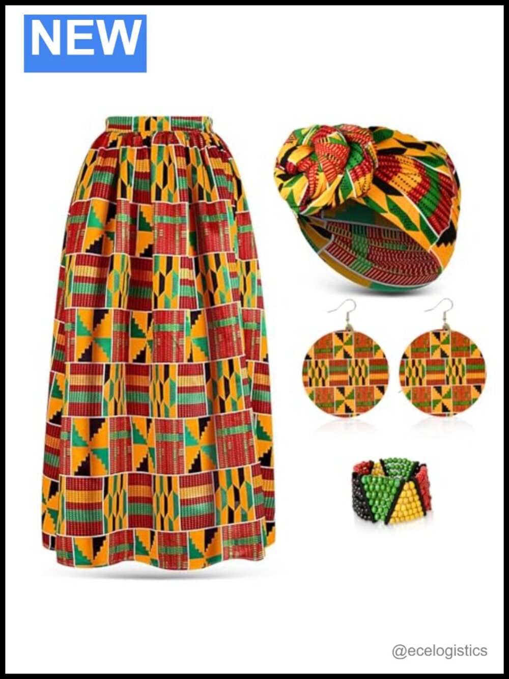 African Print Skirt Set with Head Wrap, Earrings & Bracelet, 100% Cotton